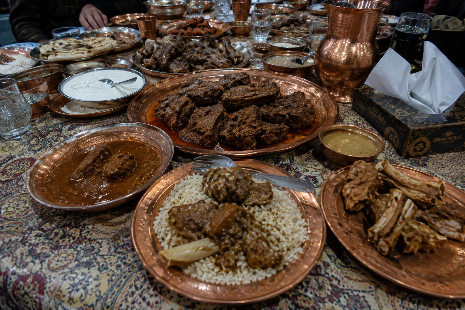 Traditional Kashmiri Wazwan feast served on copper platters in Srinagar, Kashmir