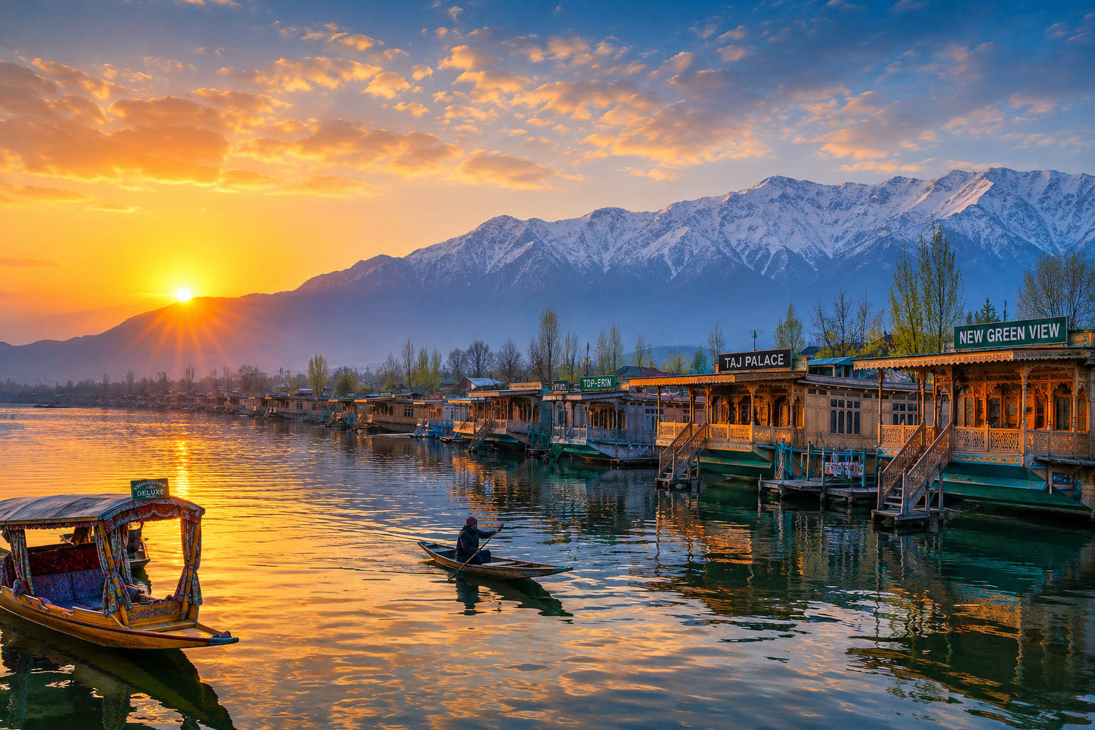 Sunrise over Dal Lake with traditional Kashmiri houseboats and snow-capped Himalayan mountains in Srinagar, Kashmir