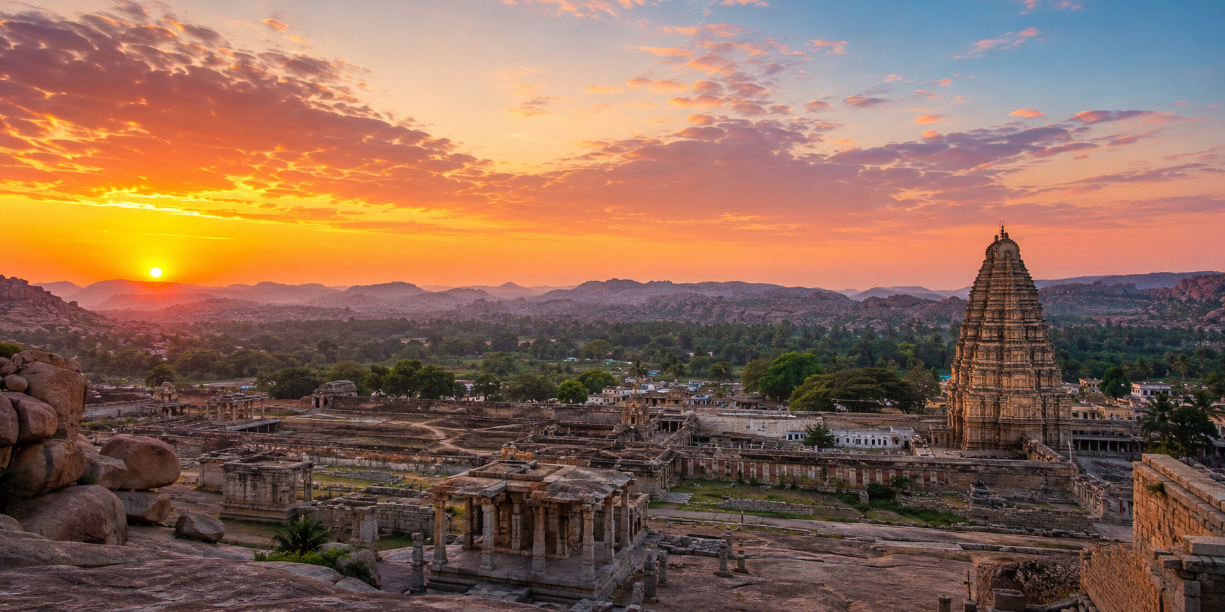 Panoramic sunrise view of Hampi from Hemakuta Hill